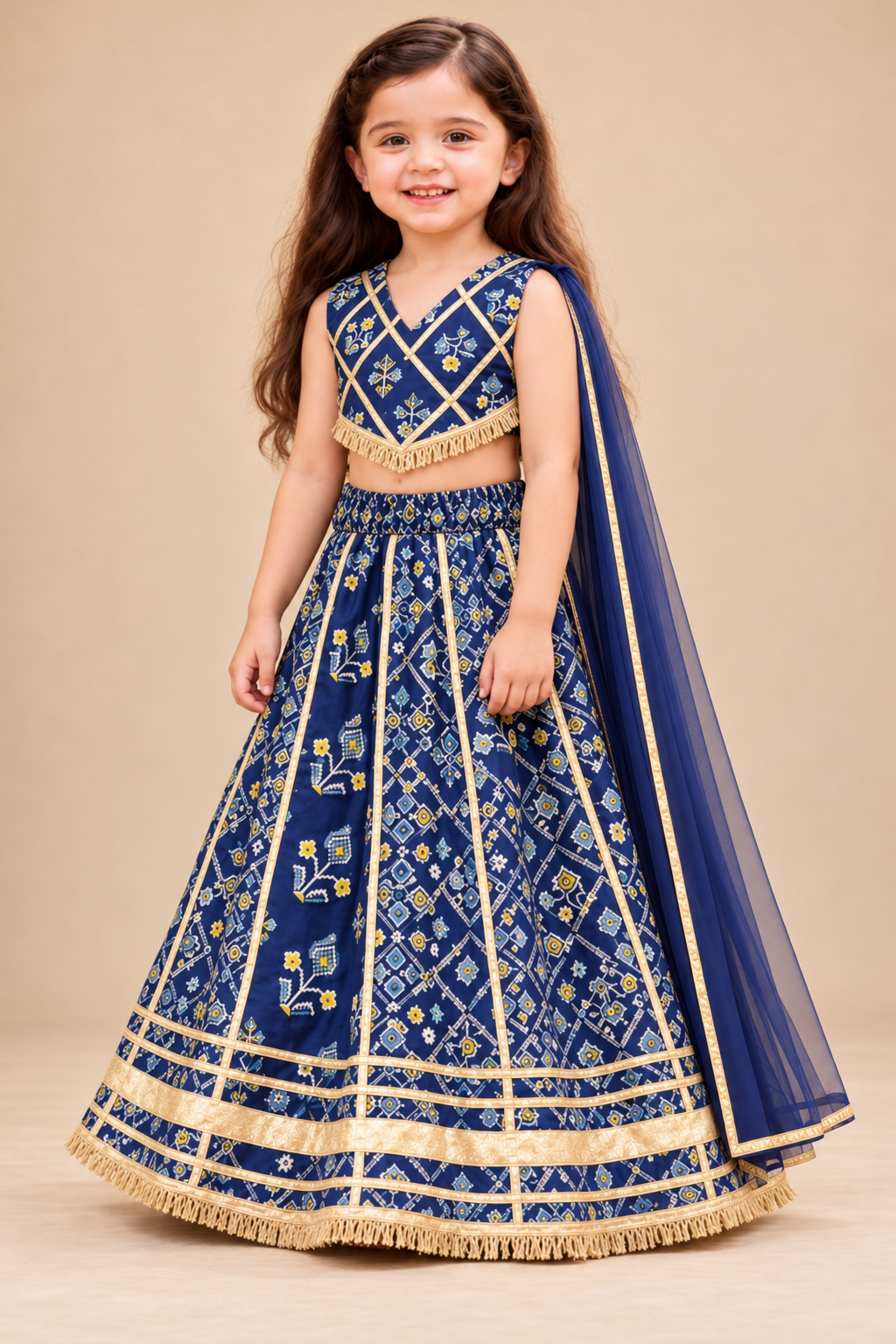 Girls' navy cotton lehenga choli with net dupatta — alternate view