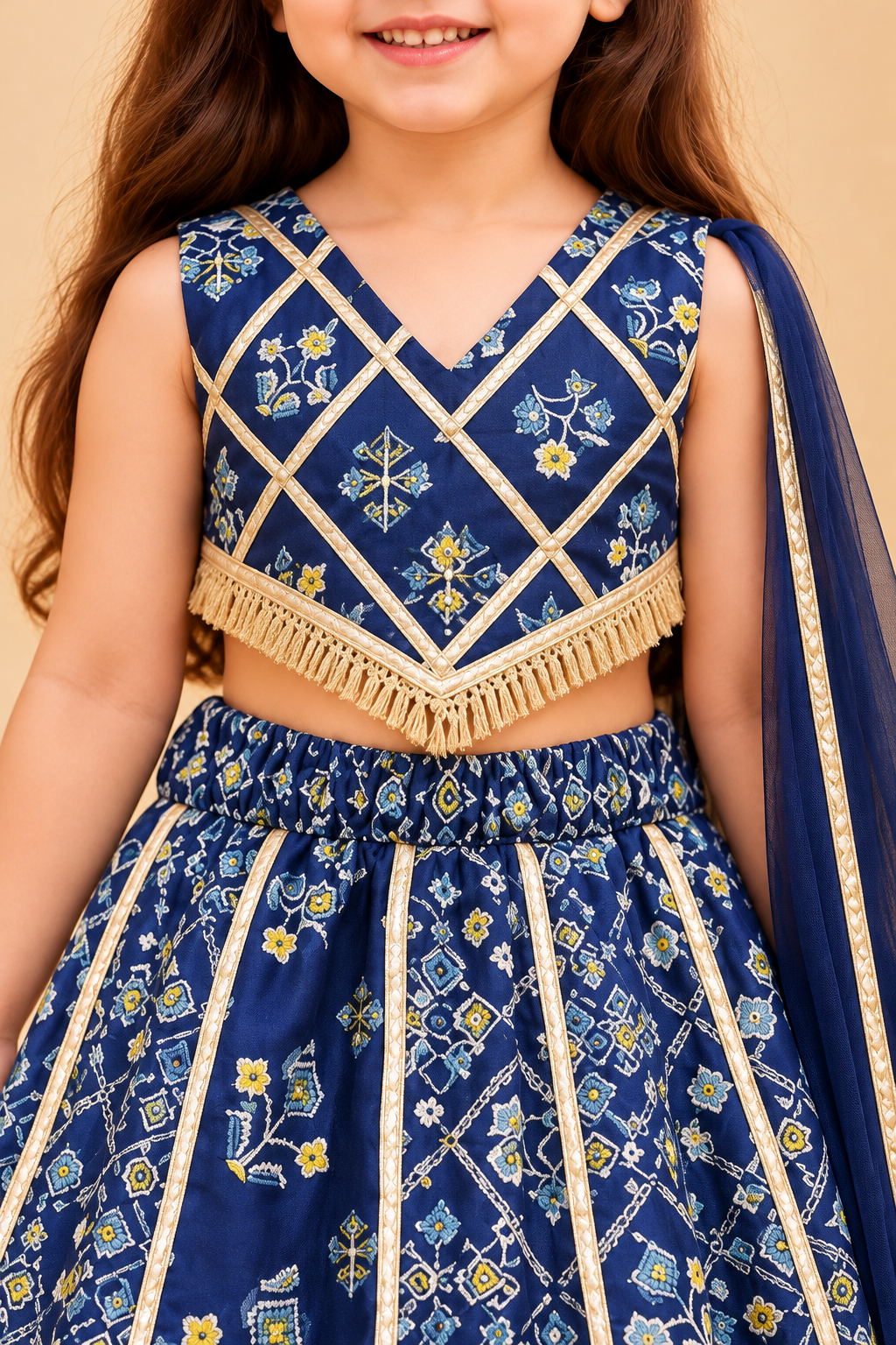 Girls' navy cotton lehenga choli with net dupatta — garment detail
