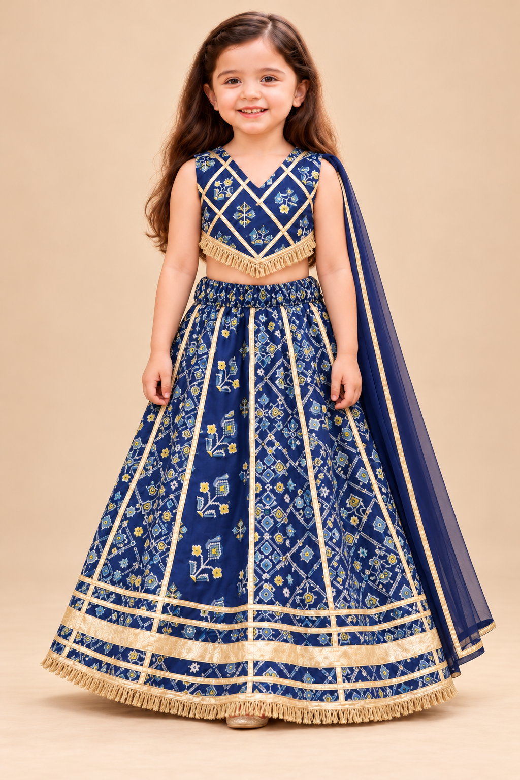 Girls' navy cotton lehenga choli with net dupatta — front view