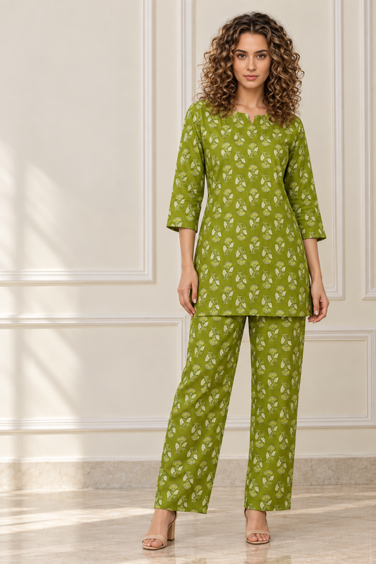 Green floral co-ord set front view against a cream architectural background