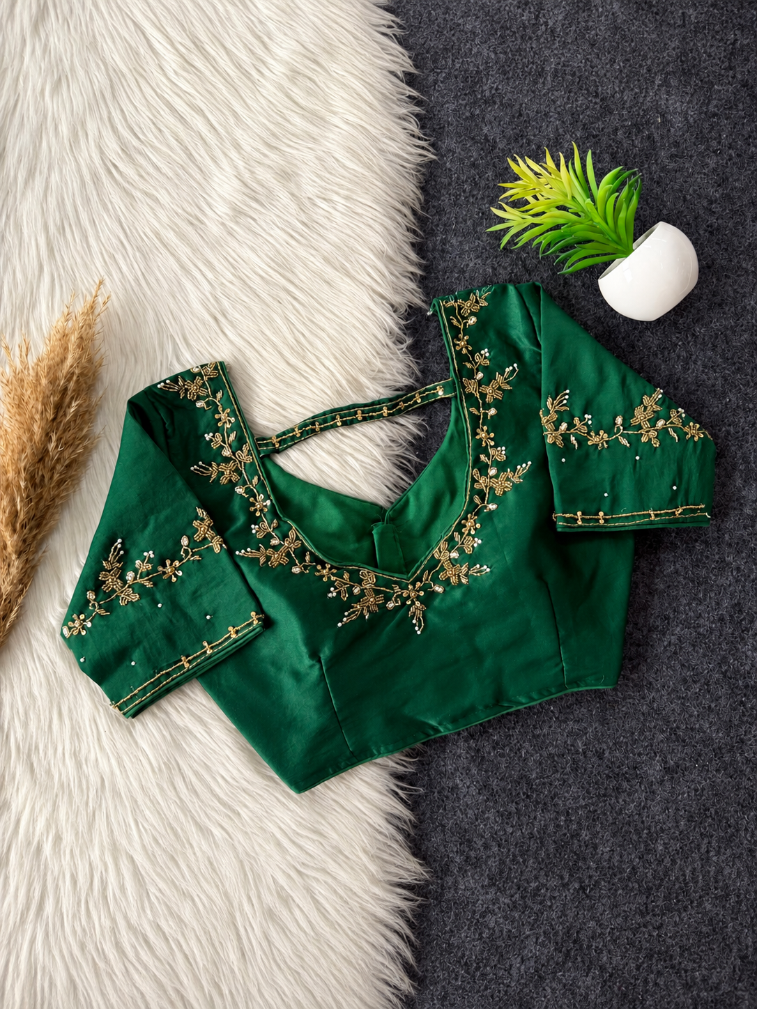 Green soft silk embellished blouse, 3:4 portrait product photo