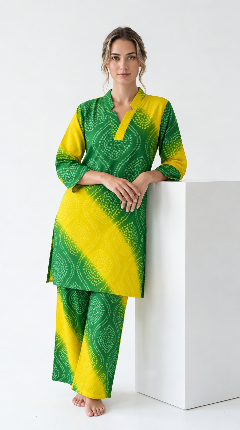 Green and yellow bandhani print cotton co-ord set – model
