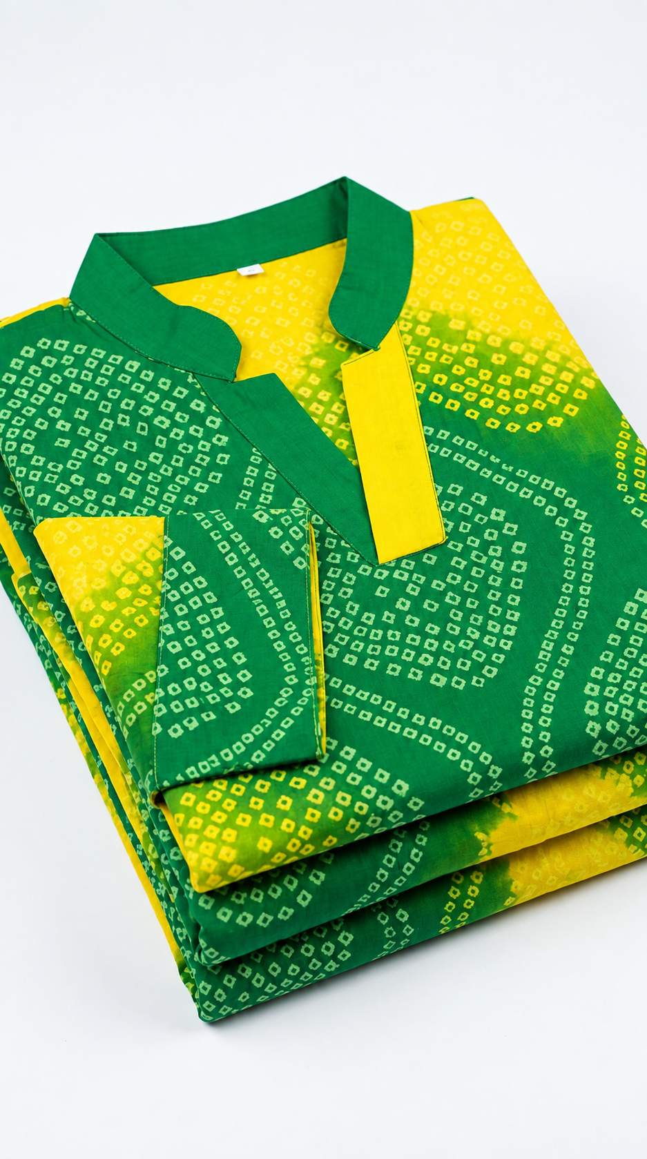 Green and yellow bandhani print cotton co-ord set – folded outfit
