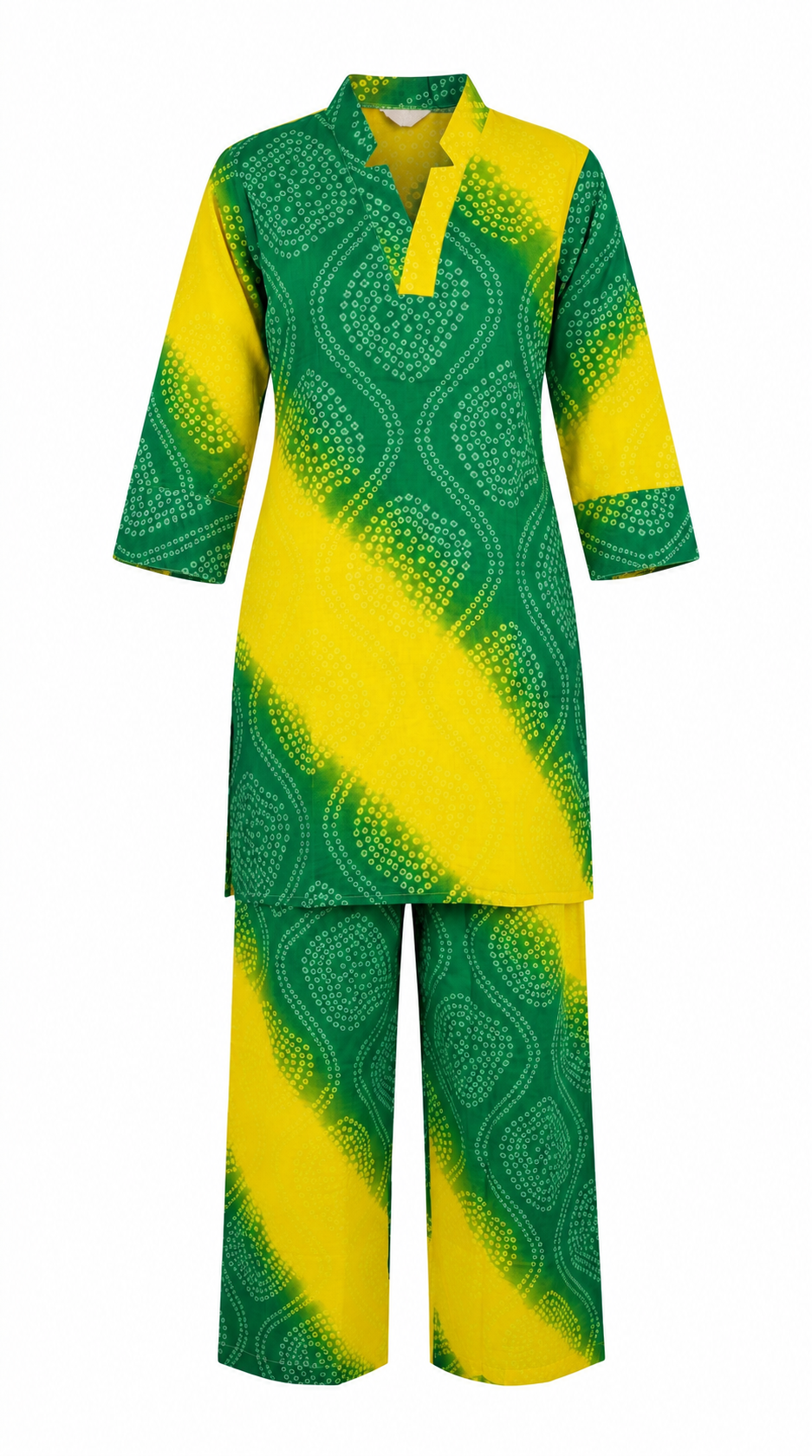 Green and yellow bandhani print cotton co-ord set – ghost mannequin