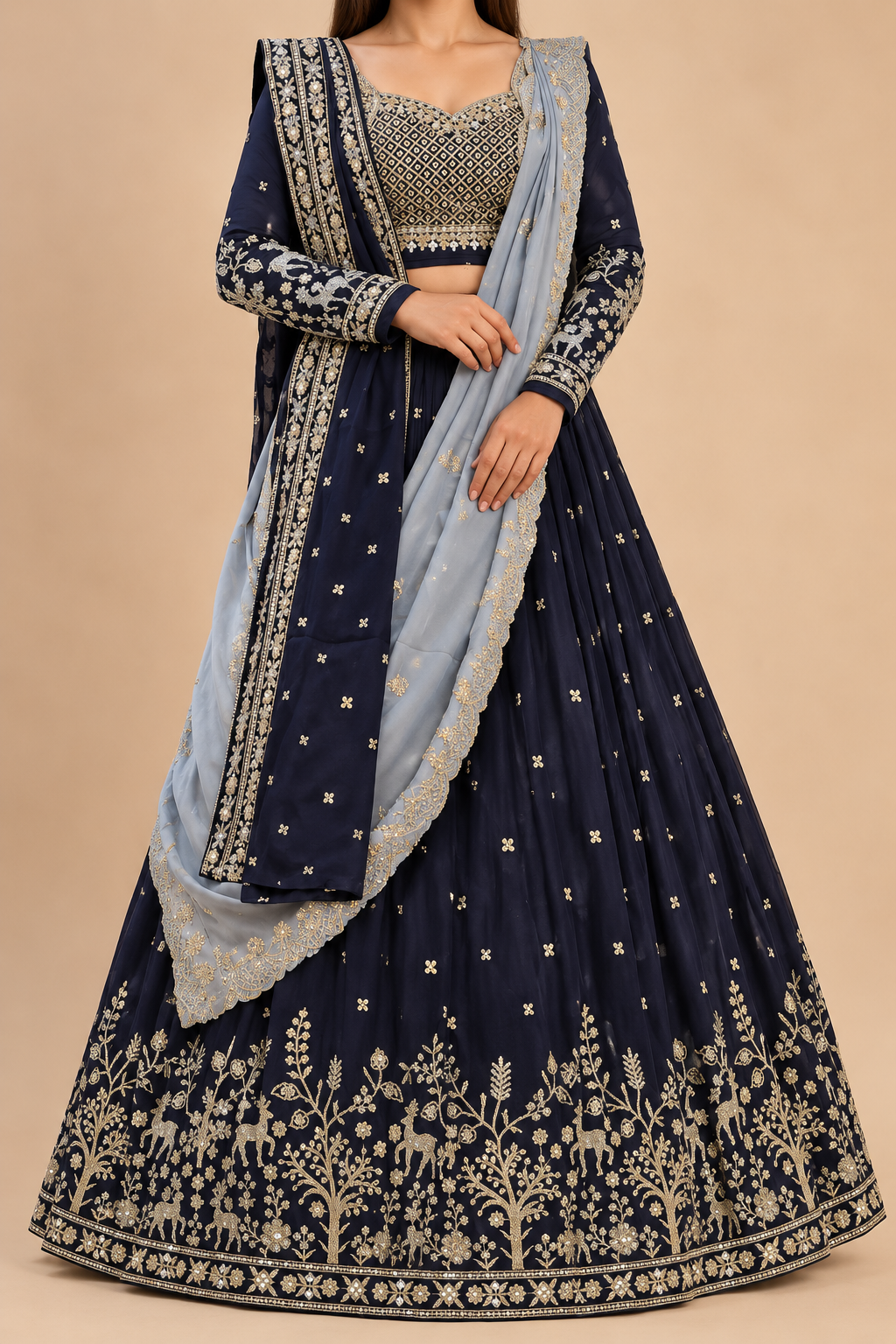 Navy Blue Sequin Embroidered Georgette Lehenga Choli with Grey Dupatta — detail view