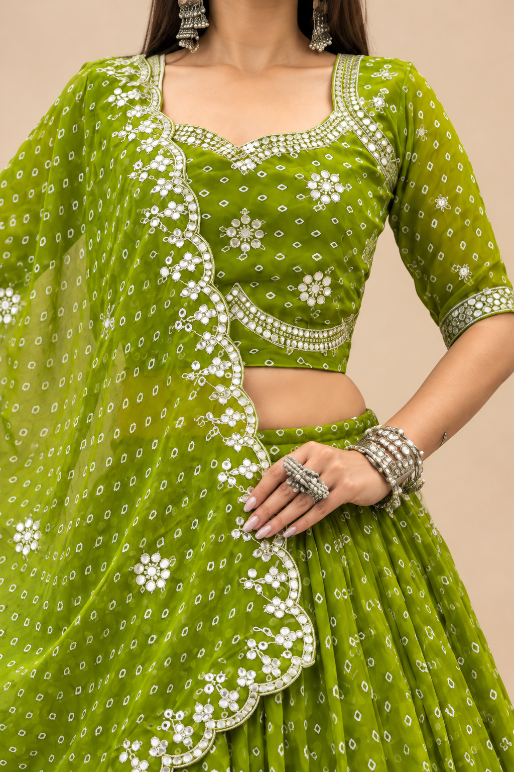 Lime Green Georgette Lehenga Choli Set with Dupatta — detail view