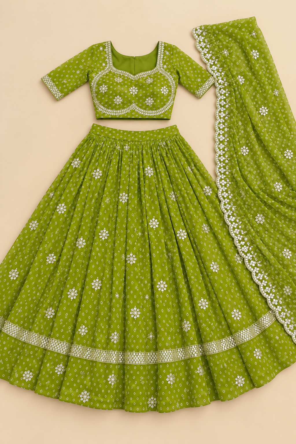 Lime Green Georgette Lehenga Choli Set with Dupatta — flat-lay view
