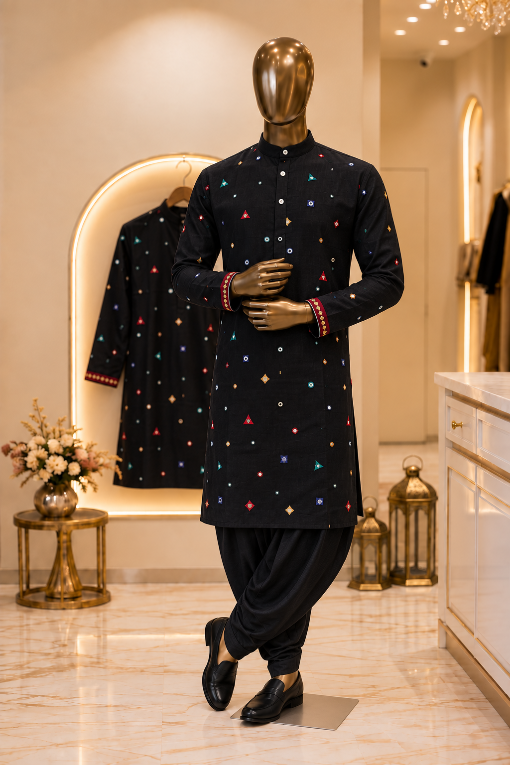 Gold mannequin wearing black embellished kurta and black dhoti in a cream boutique