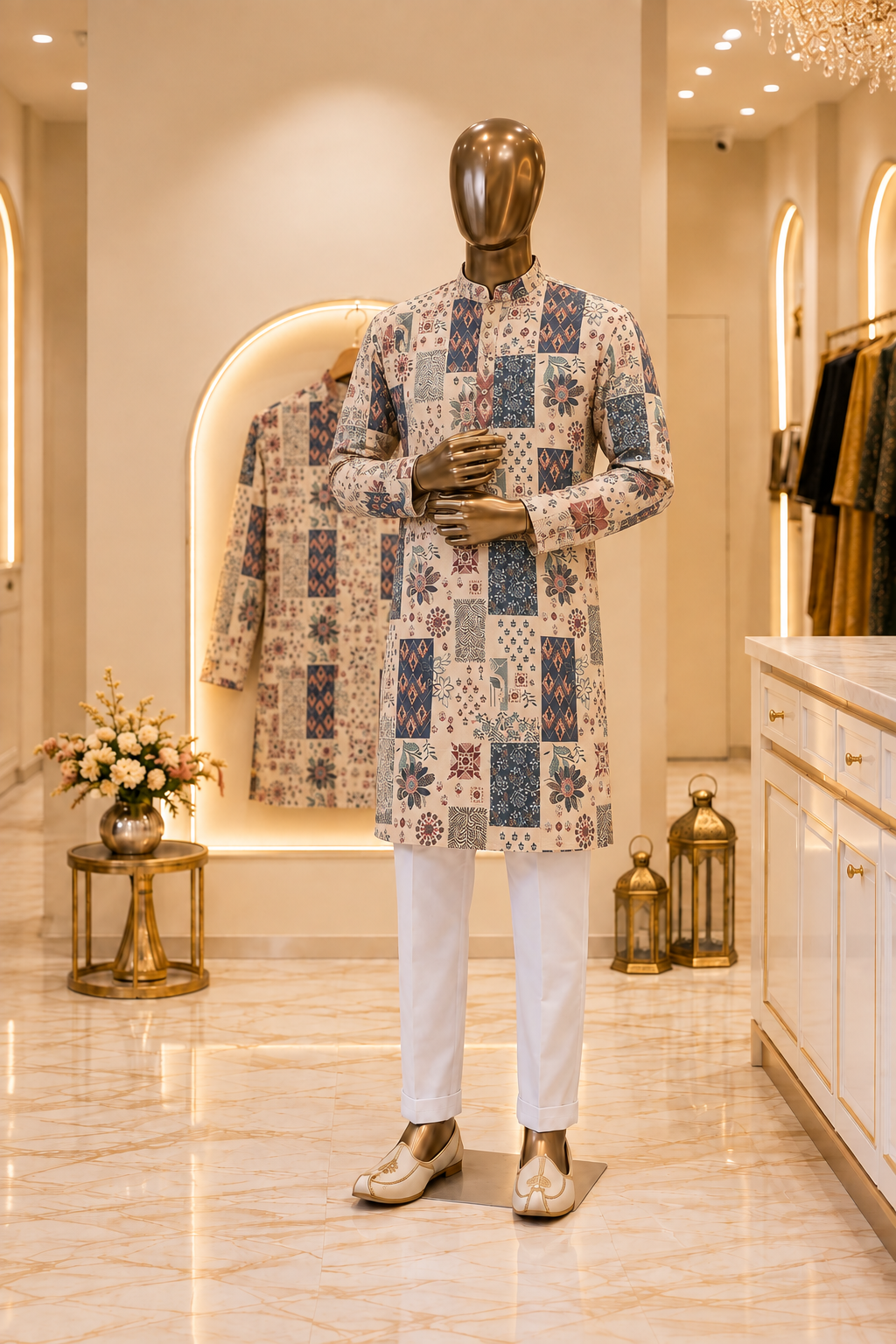 Gold mannequin wearing cream and navy patchwork print kurta with white pajama in a cream boutique
