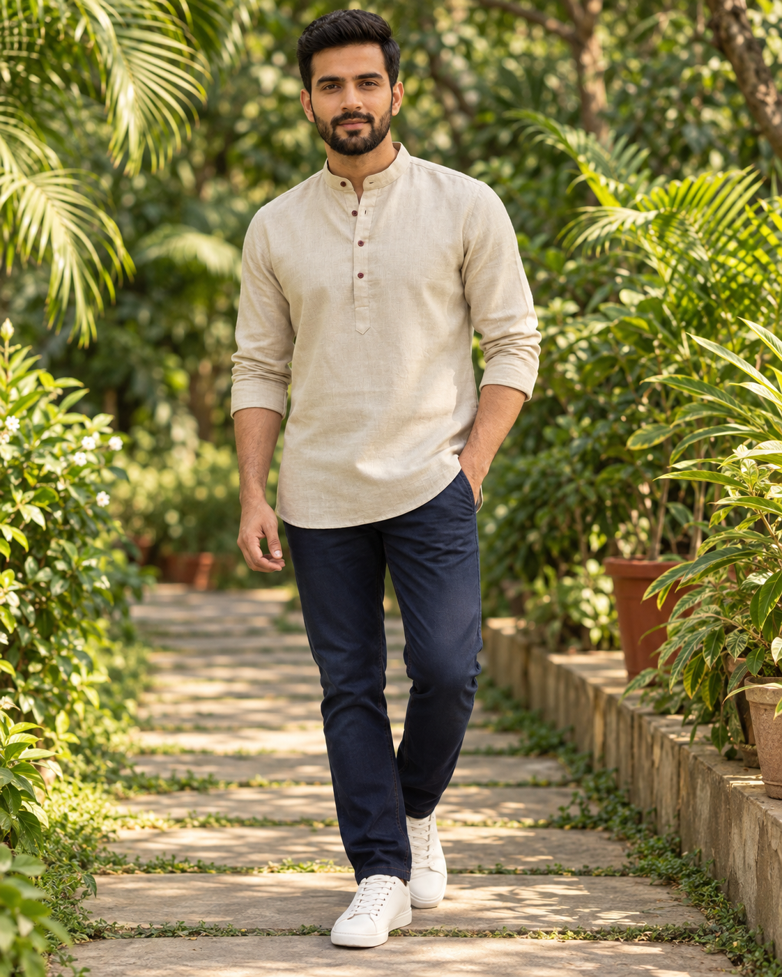 Men's beige Khadi Linen short kurta, front view