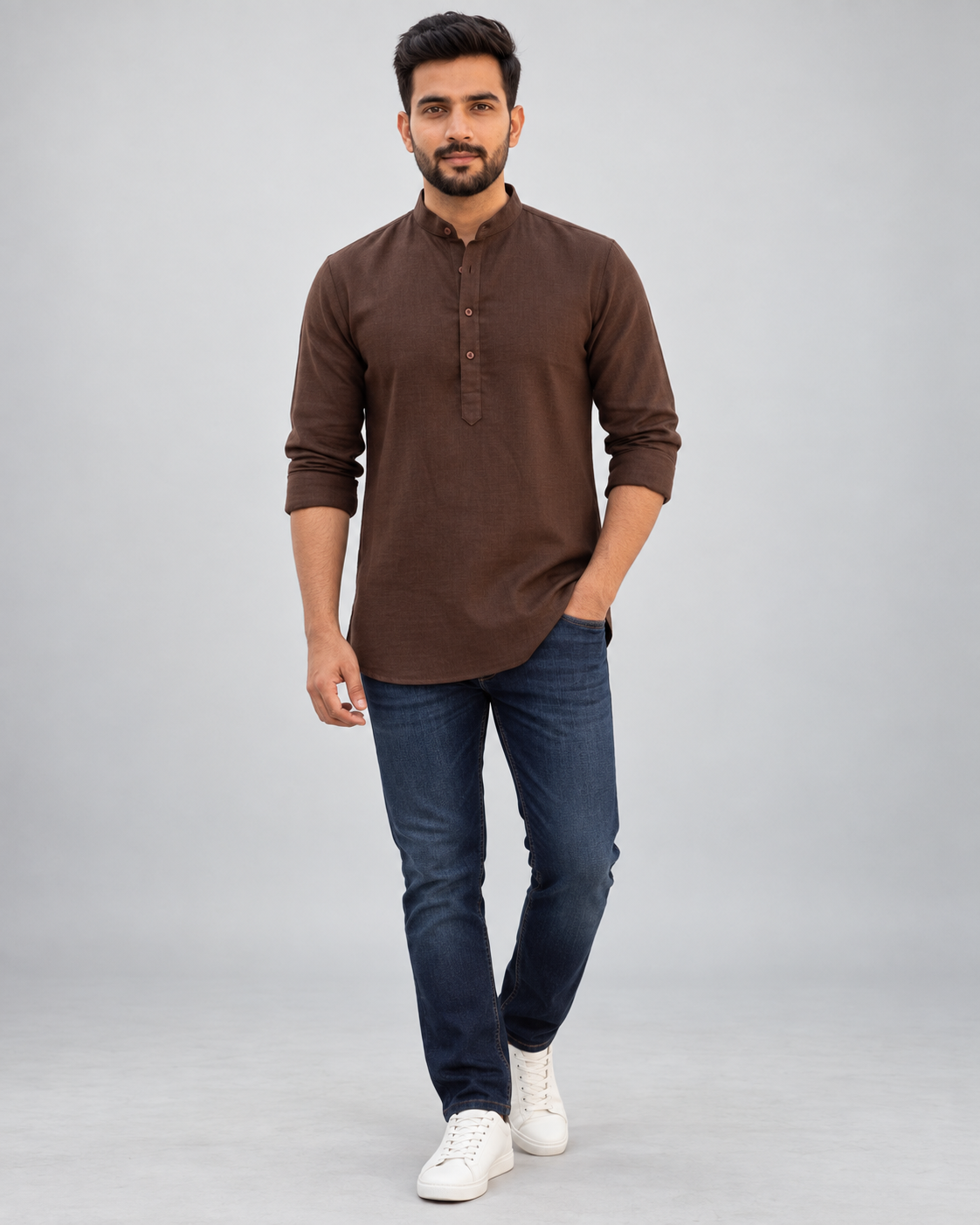Men's brown Khadi Linen short kurta, front view