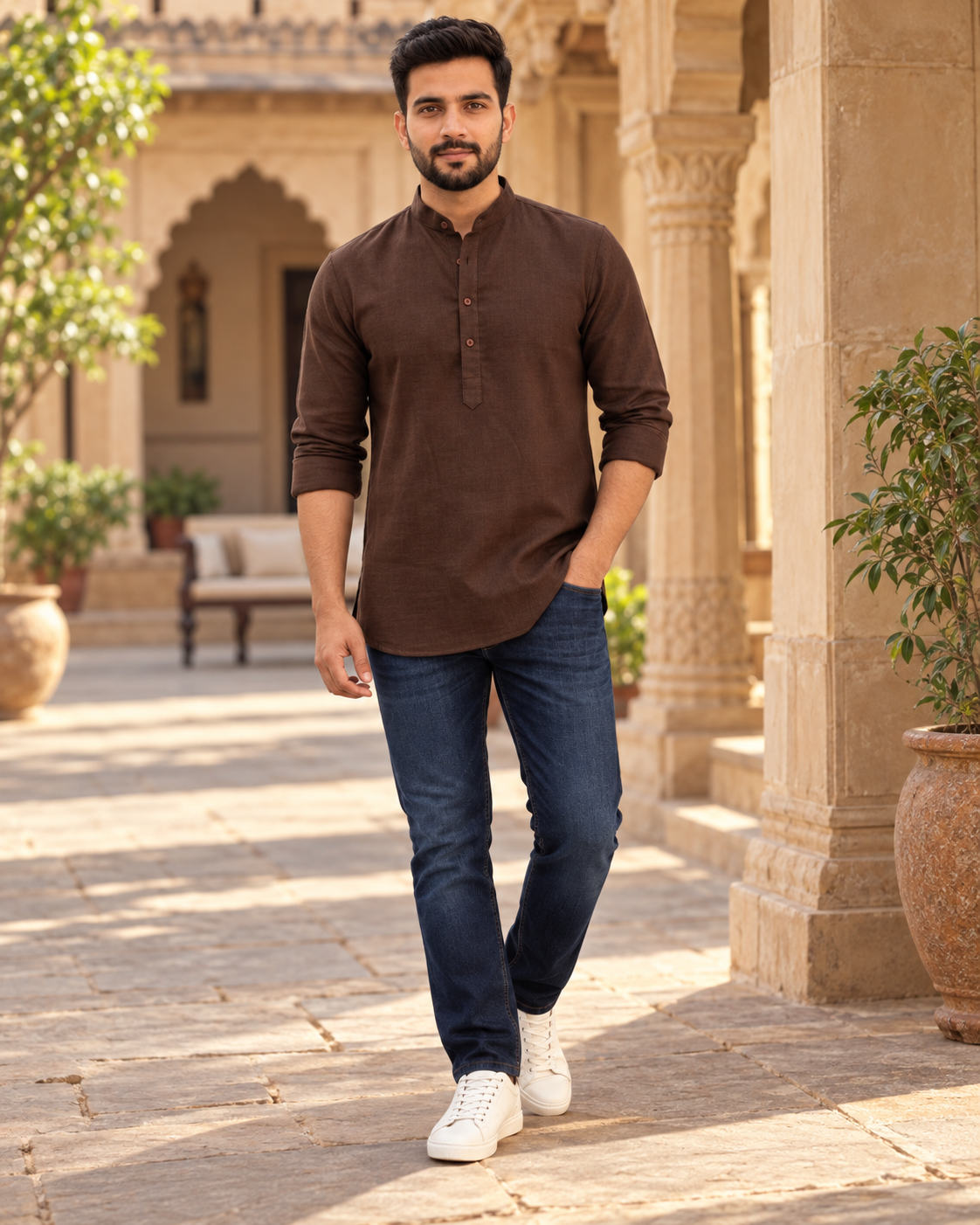 Men's brown Khadi Linen short kurta, front view