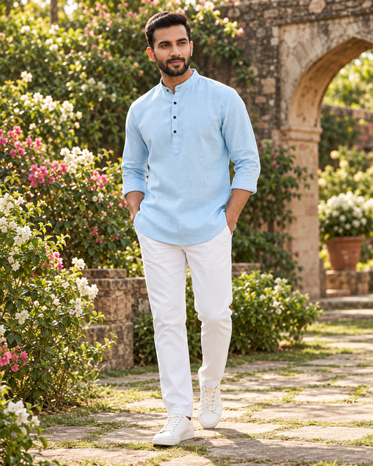 Men's light blue Khadi Linen short kurta, front view