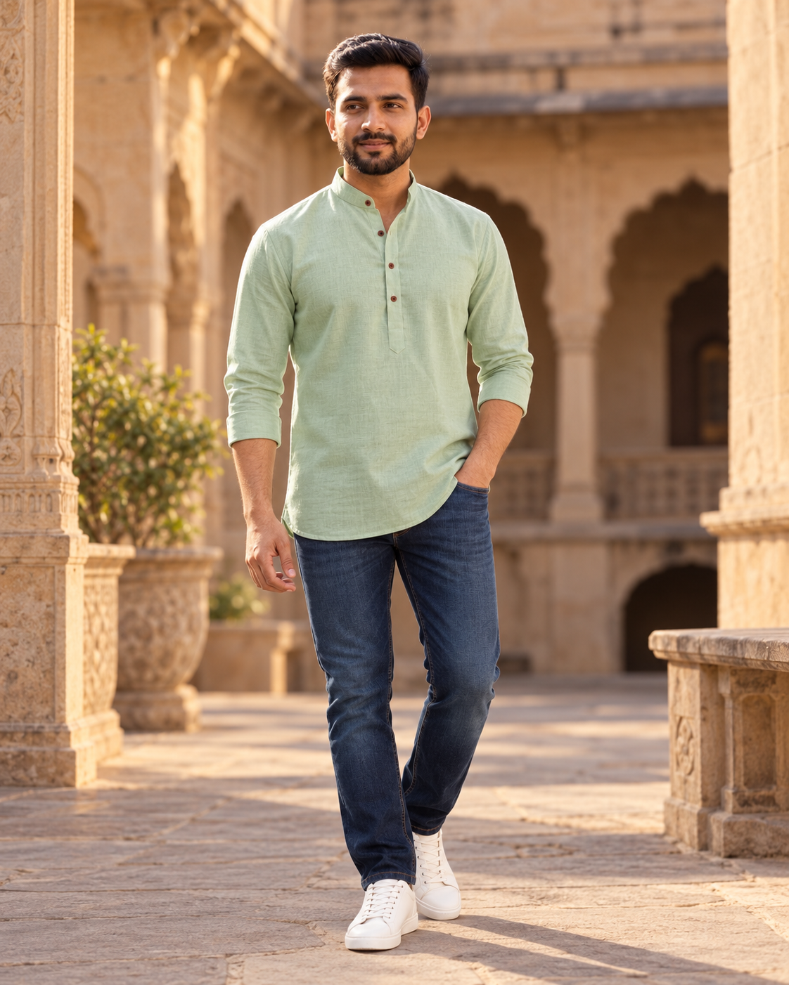 Men's light green Khadi Linen short kurta, front view