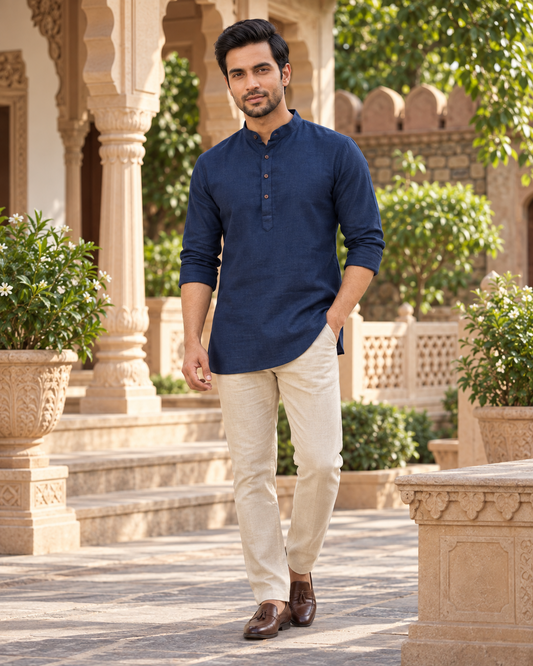 Men's navy blue Khadi Linen short kurta, front view
