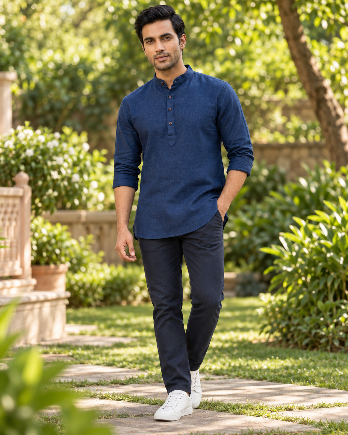 Men's navy blue Khadi Linen short kurta, front view