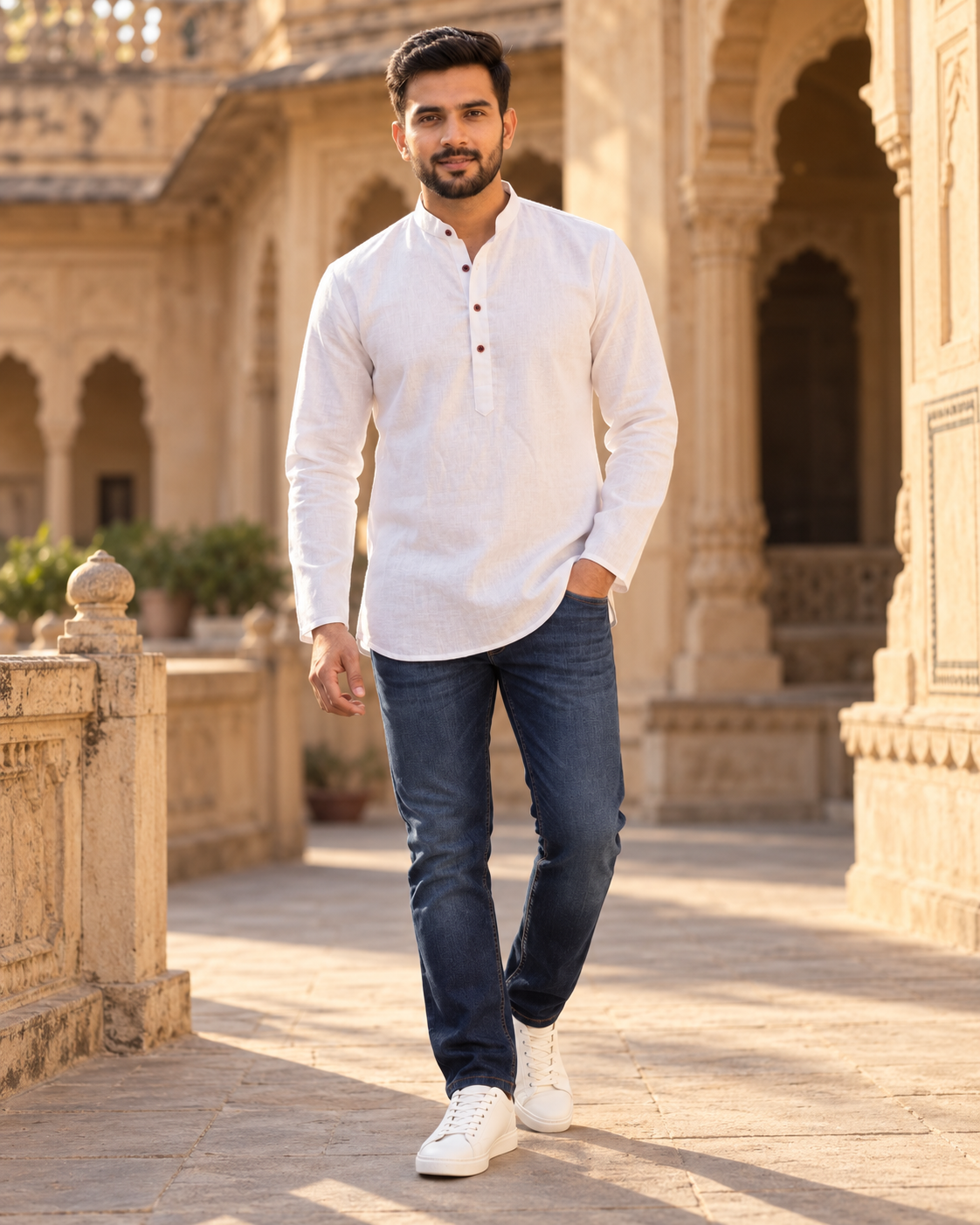 Men's white Khadi Linen short kurta, front view