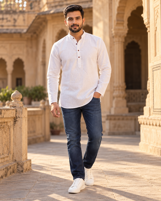 Men's white Khadi Linen short kurta, front view