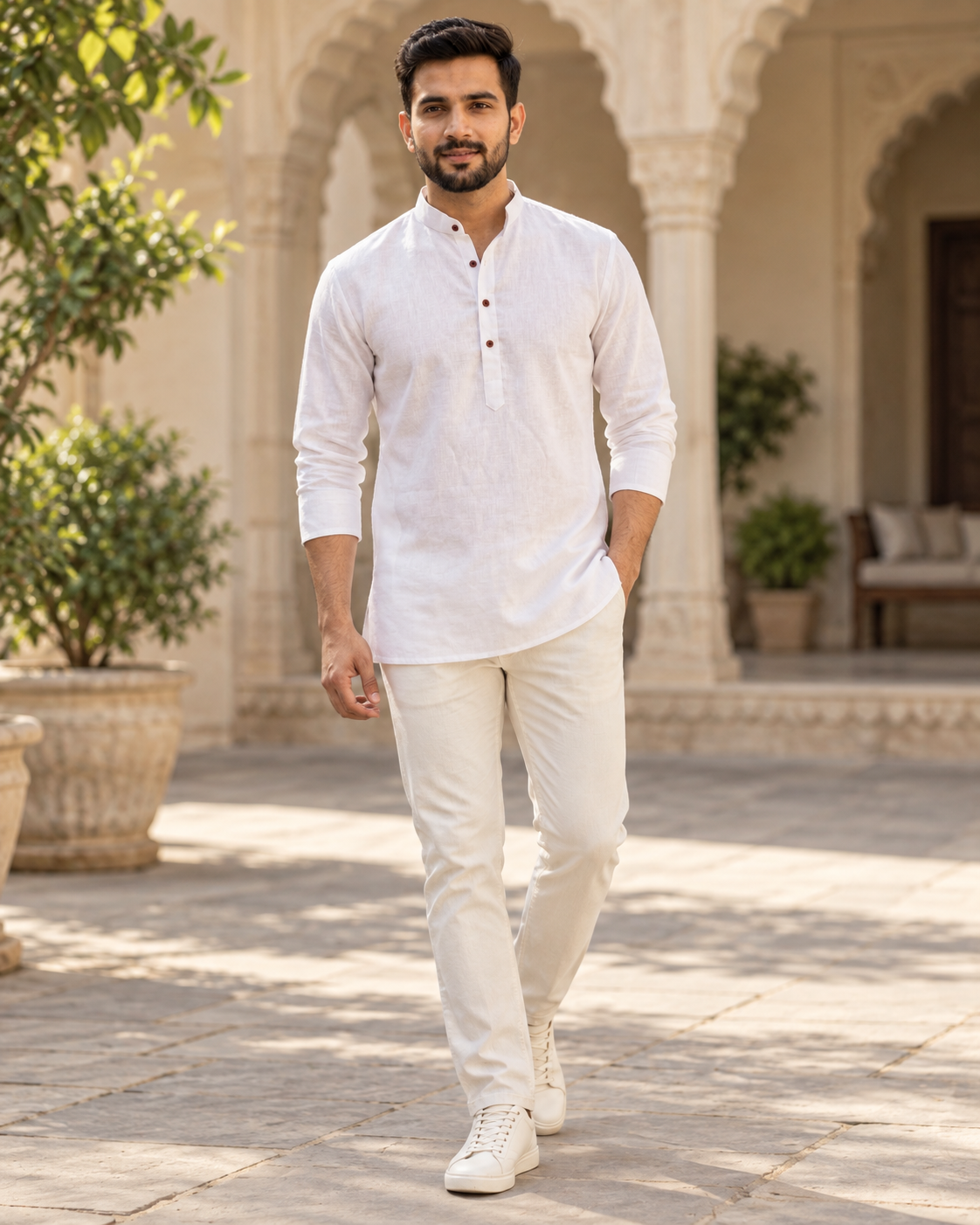 Men's white Khadi Linen short kurta, front view