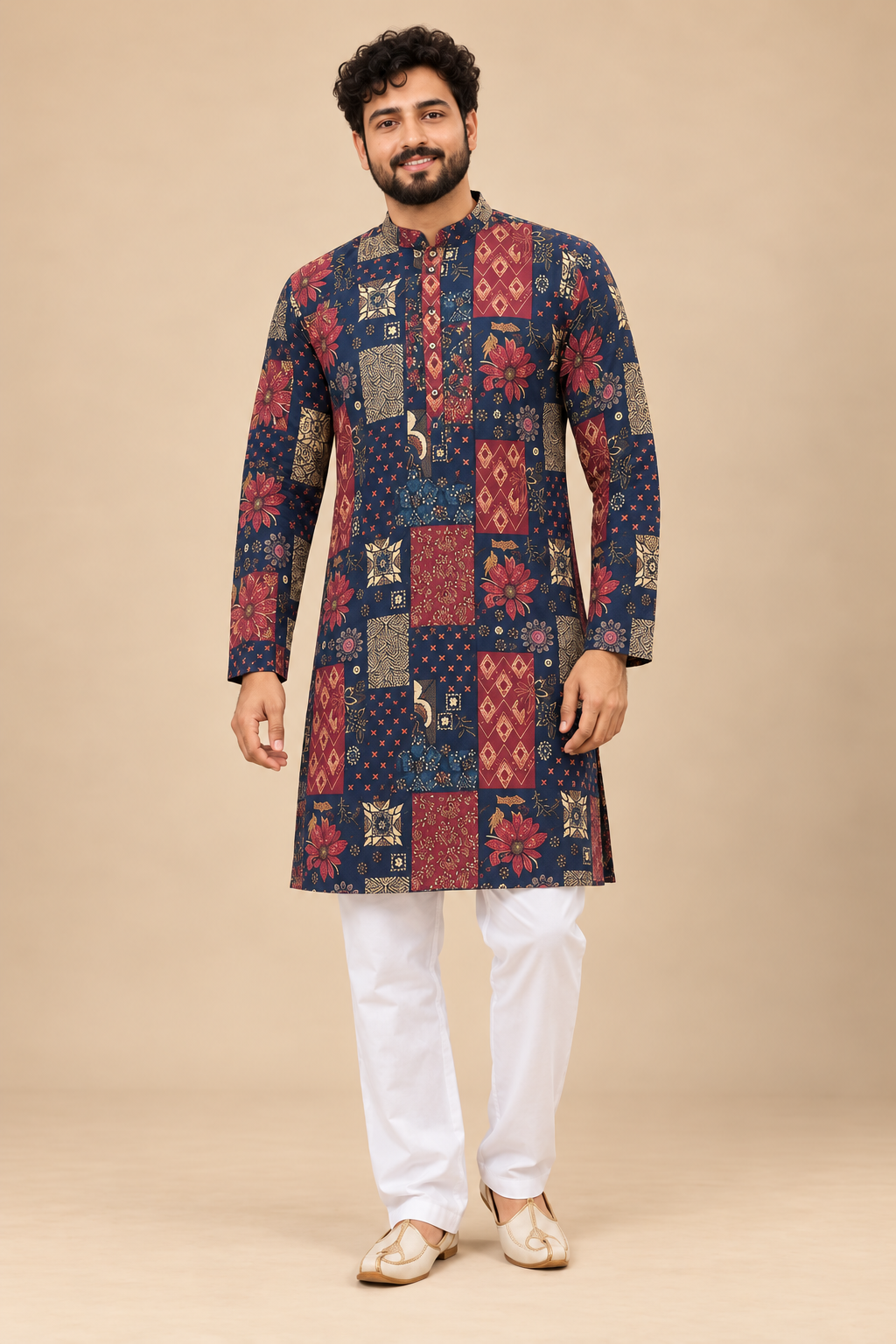 Indian model wearing navy and maroon patchwork print cotton kurta with white pajama on a beige background