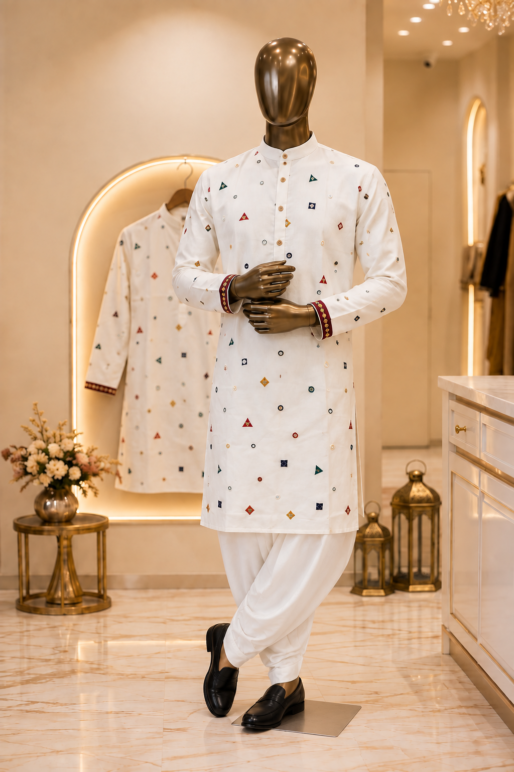 Gold mannequin wearing white embroidered kurta and draped white dhoti in a cream boutique