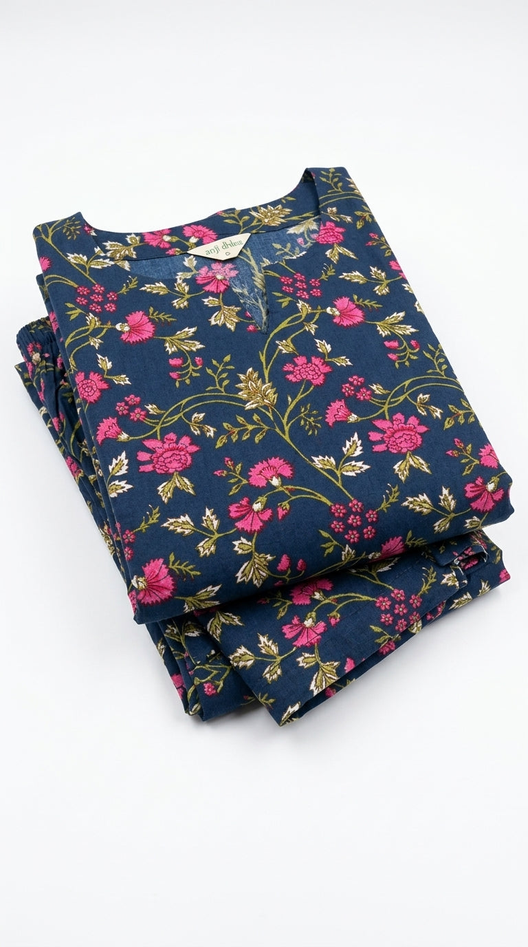 Navy blue floral co-ord set, folded fabric detail