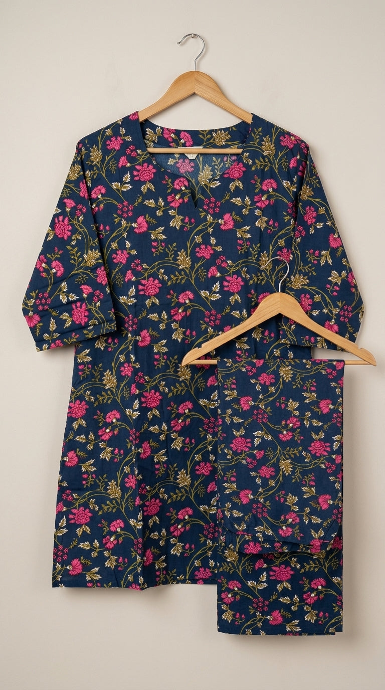 Navy blue floral co-ord set, hanger display