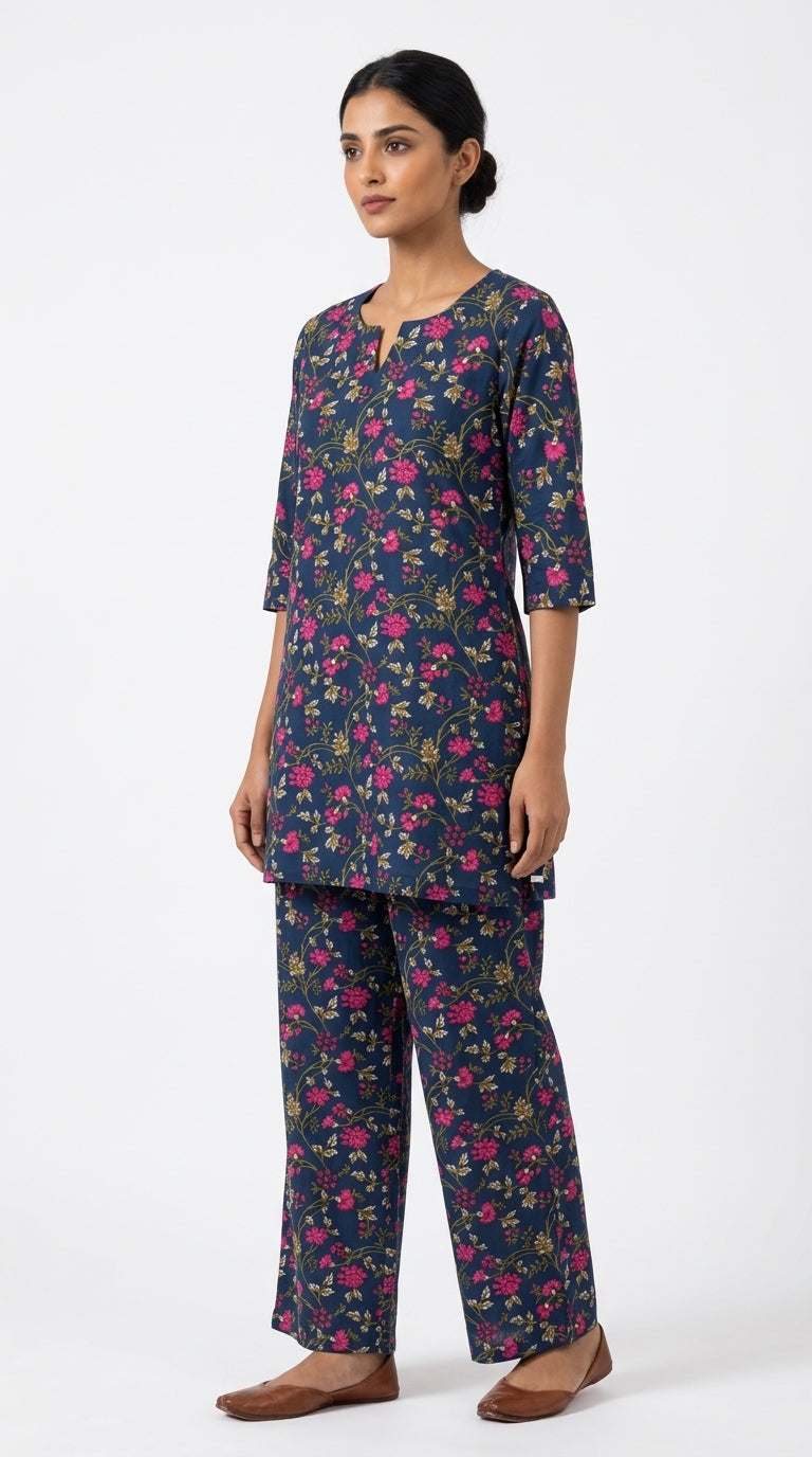 Navy blue floral co-ord set, three-quarter model view