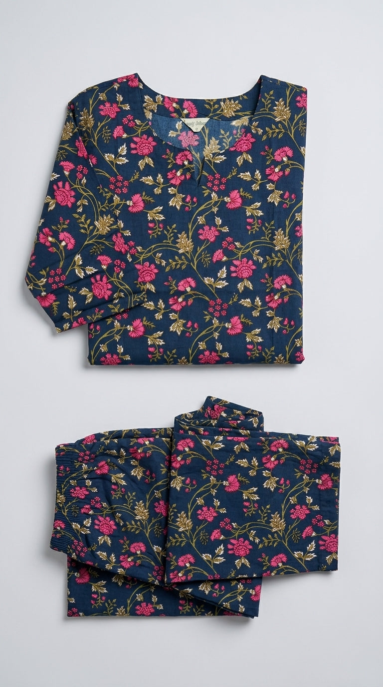 Navy blue floral co-ord set, flat lay
