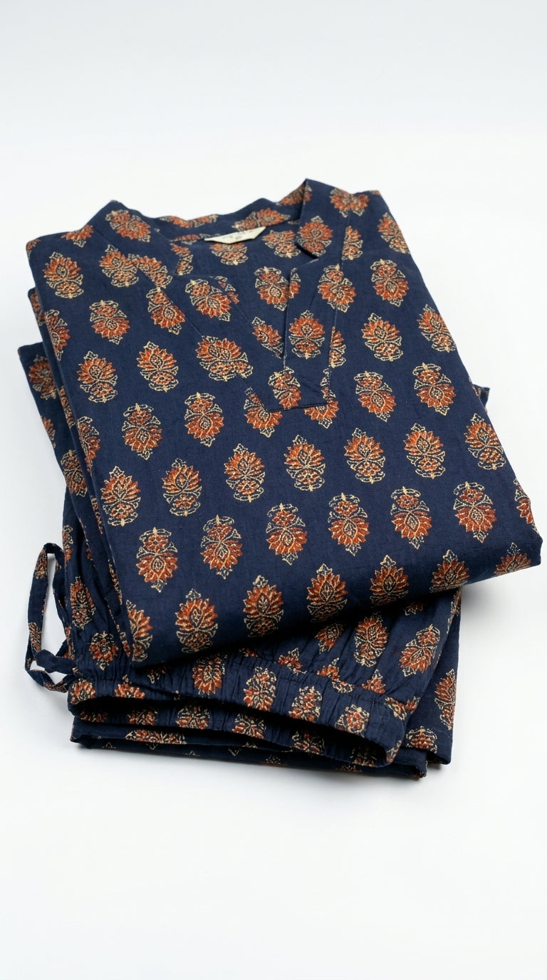 Navy and rust floral cotton co-ord set – folded outfit