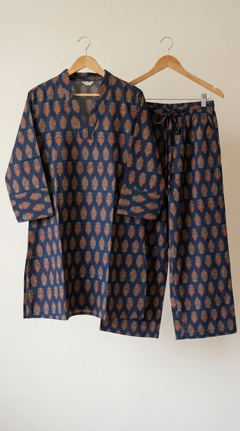Navy and rust floral cotton co-ord set – hanger display