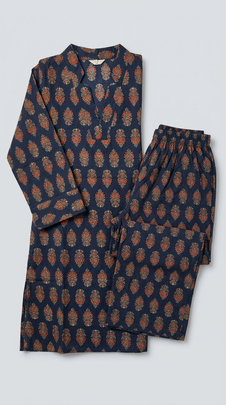 Navy and rust floral cotton co-ord set – flat lay