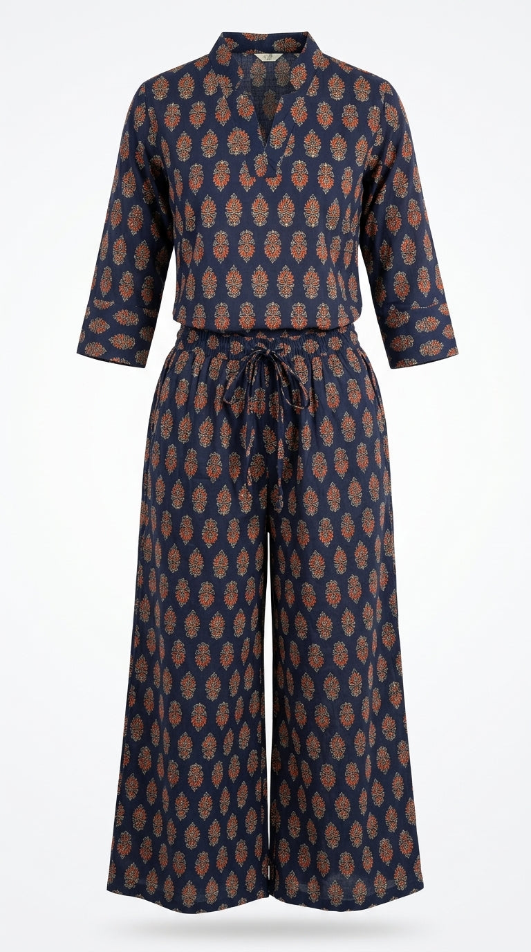 Navy and rust floral cotton co-ord set – ghost mannequin