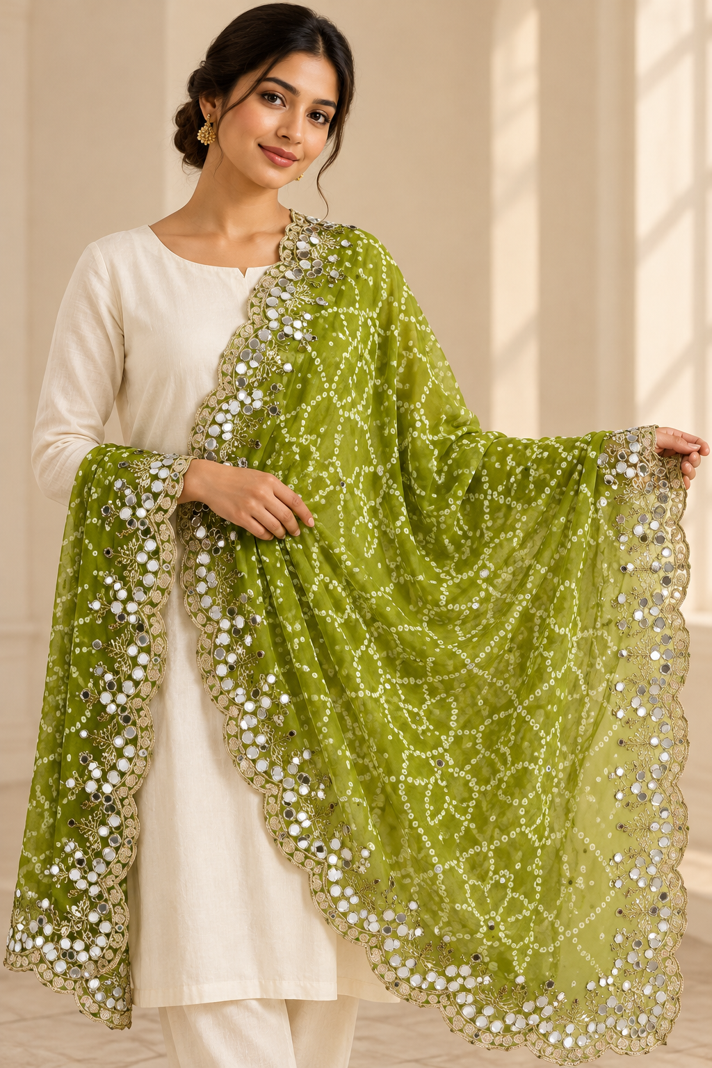 Olive green double-shaded Bandhani dupatta with embellished scalloped border, model view 1