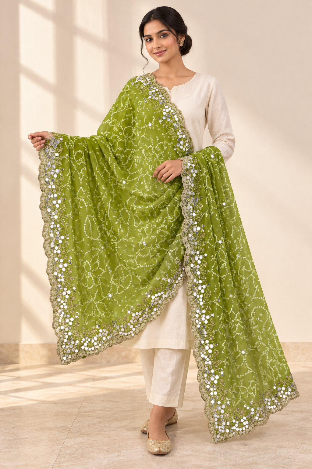Olive green double-shaded Bandhani dupatta with embellished scalloped border, model view 2