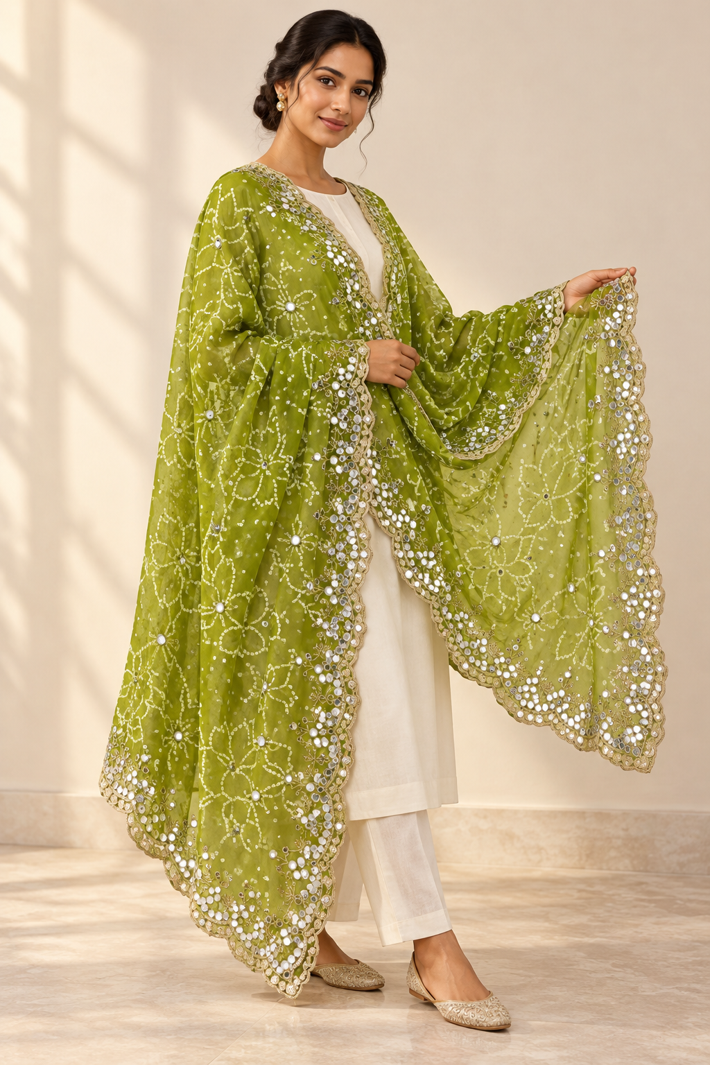 Olive green double-shaded Bandhani dupatta with embellished scalloped border, model view 3