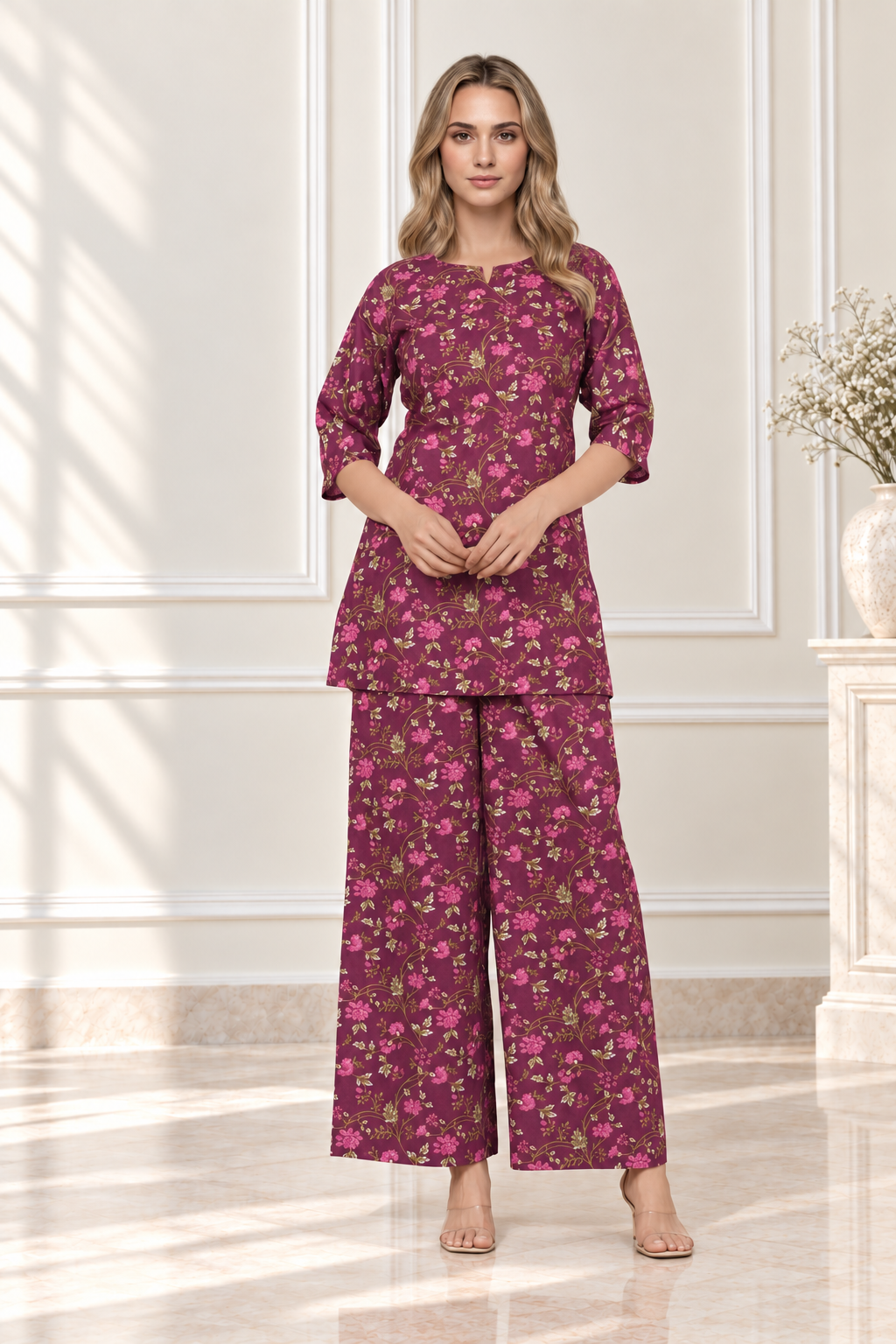 Plum floral cotton co-ord set front view with cream boutique background