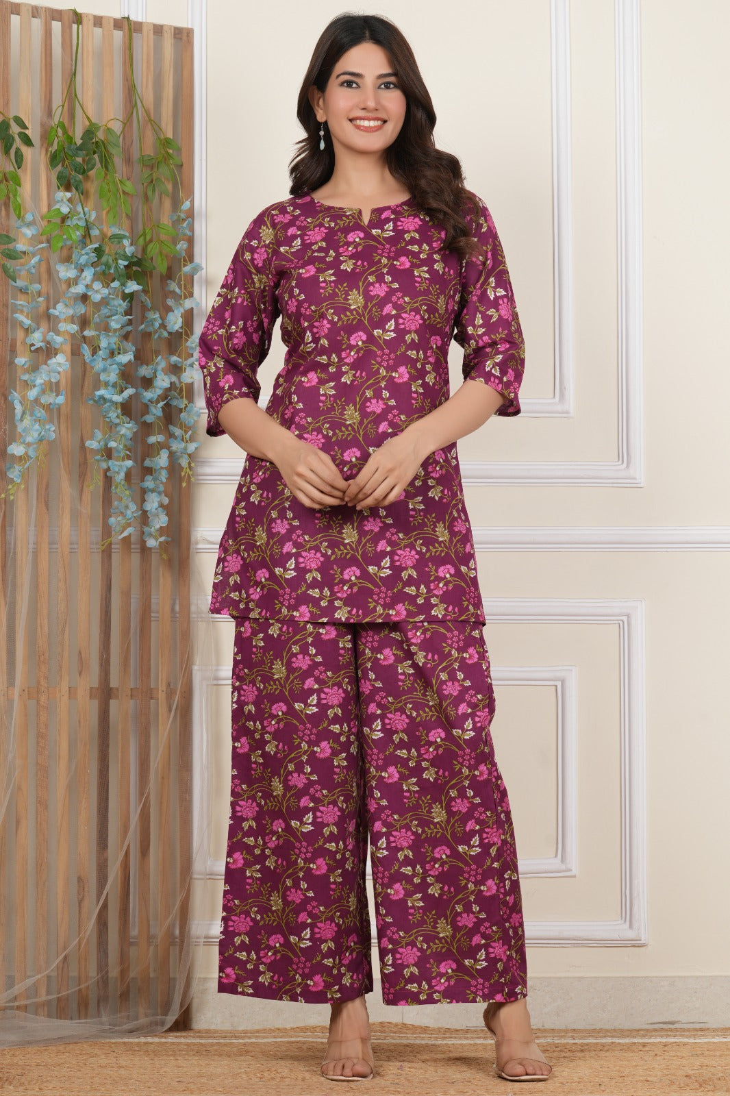 Plum floral co-ord set front view