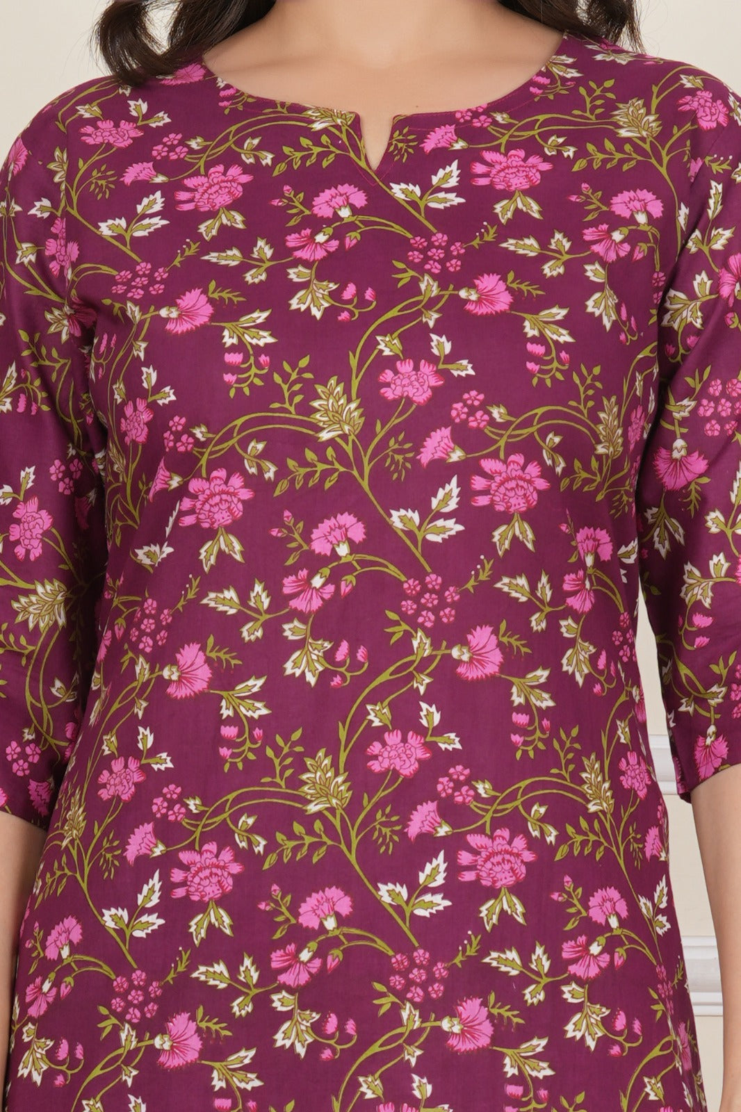 Plum co-ord set floral print and neckline detail