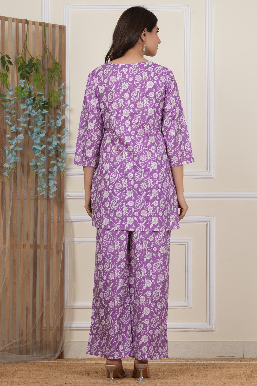 Purple floral paisley co-ord set, back view