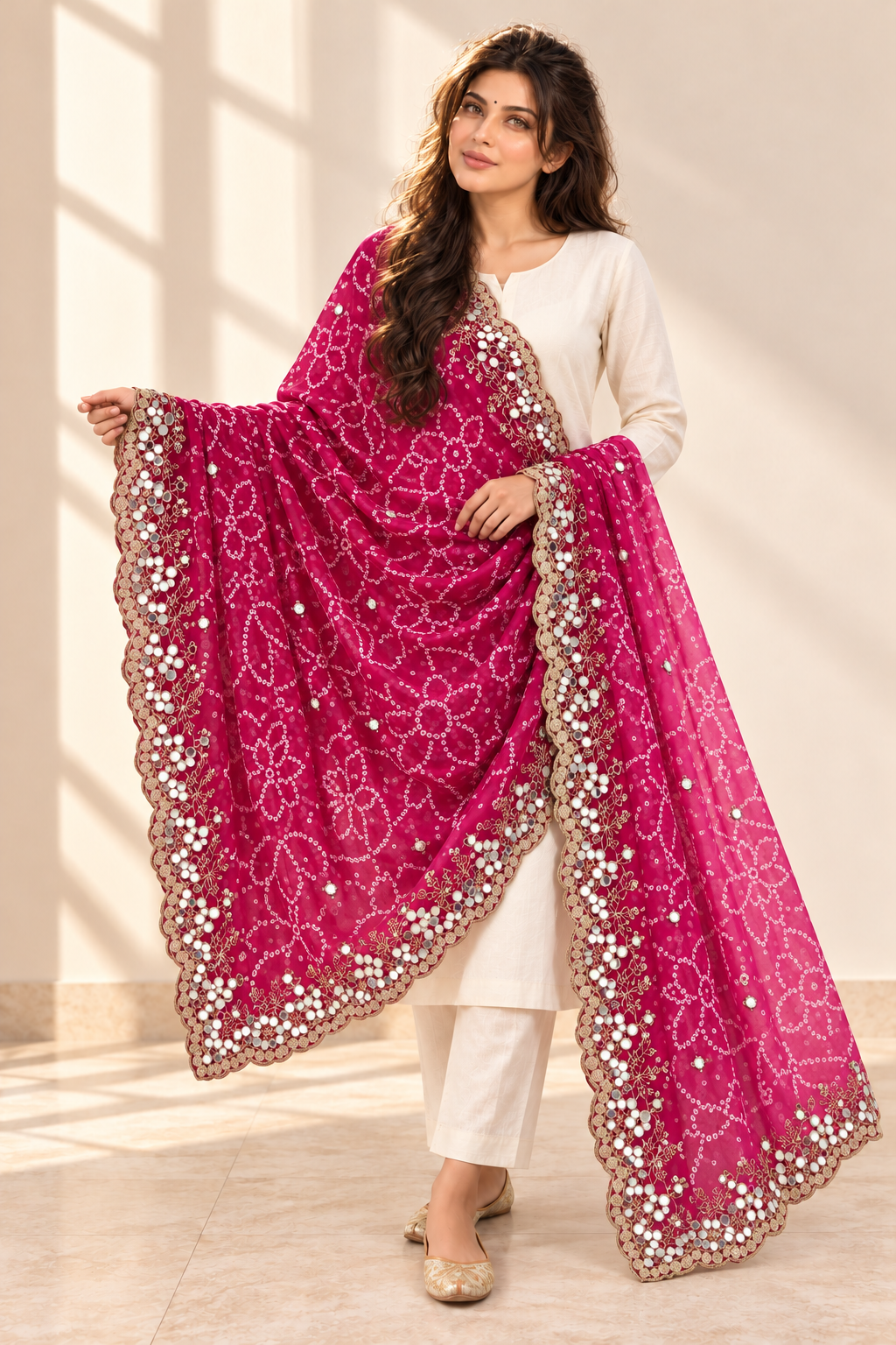 Rani pink double-shaded Bandhani dupatta with scalloped embellished border, model view 1