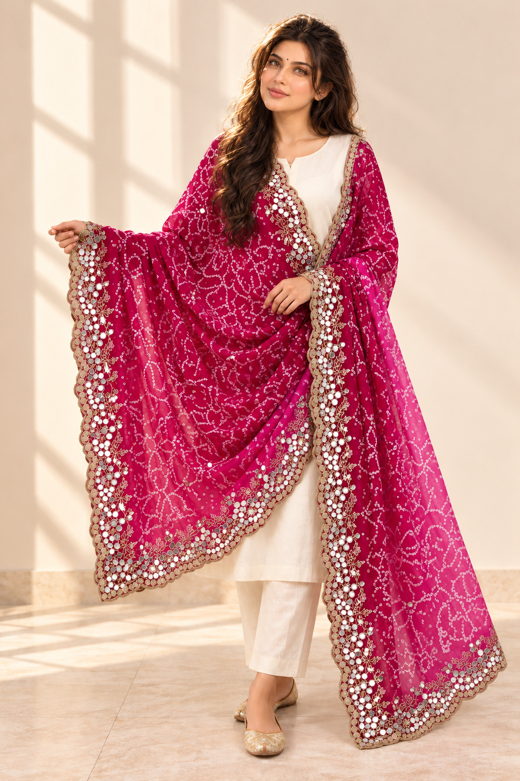 Rani pink double-shaded Bandhani dupatta with scalloped embellished border, model view 2