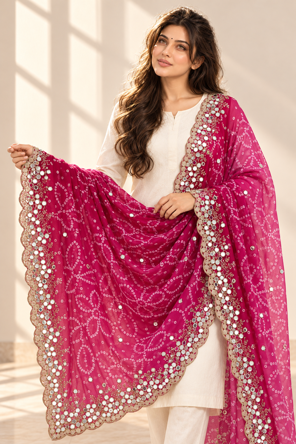 Rani pink double-shaded Bandhani dupatta with scalloped embellished border, model view 3