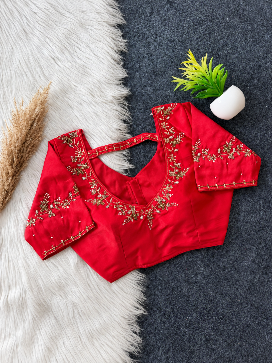 Red soft silk embellished blouse, 3:4 portrait product photo