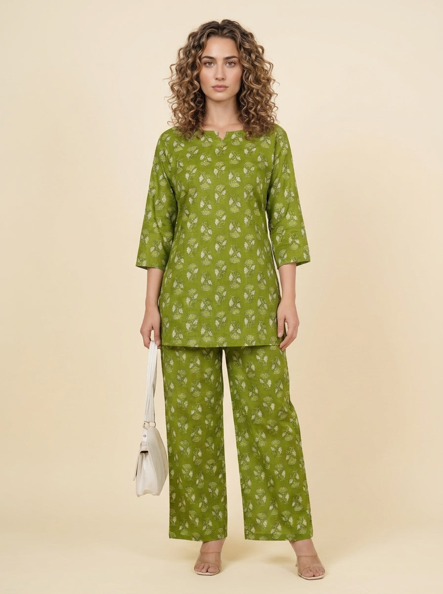 Green printed women's co-ord set, front view