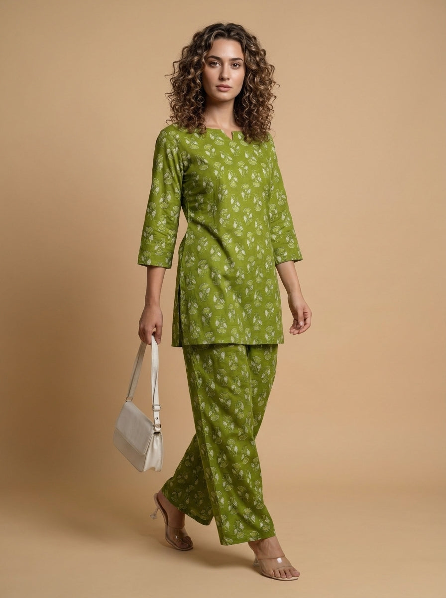 Green printed women's co-ord set, walking view