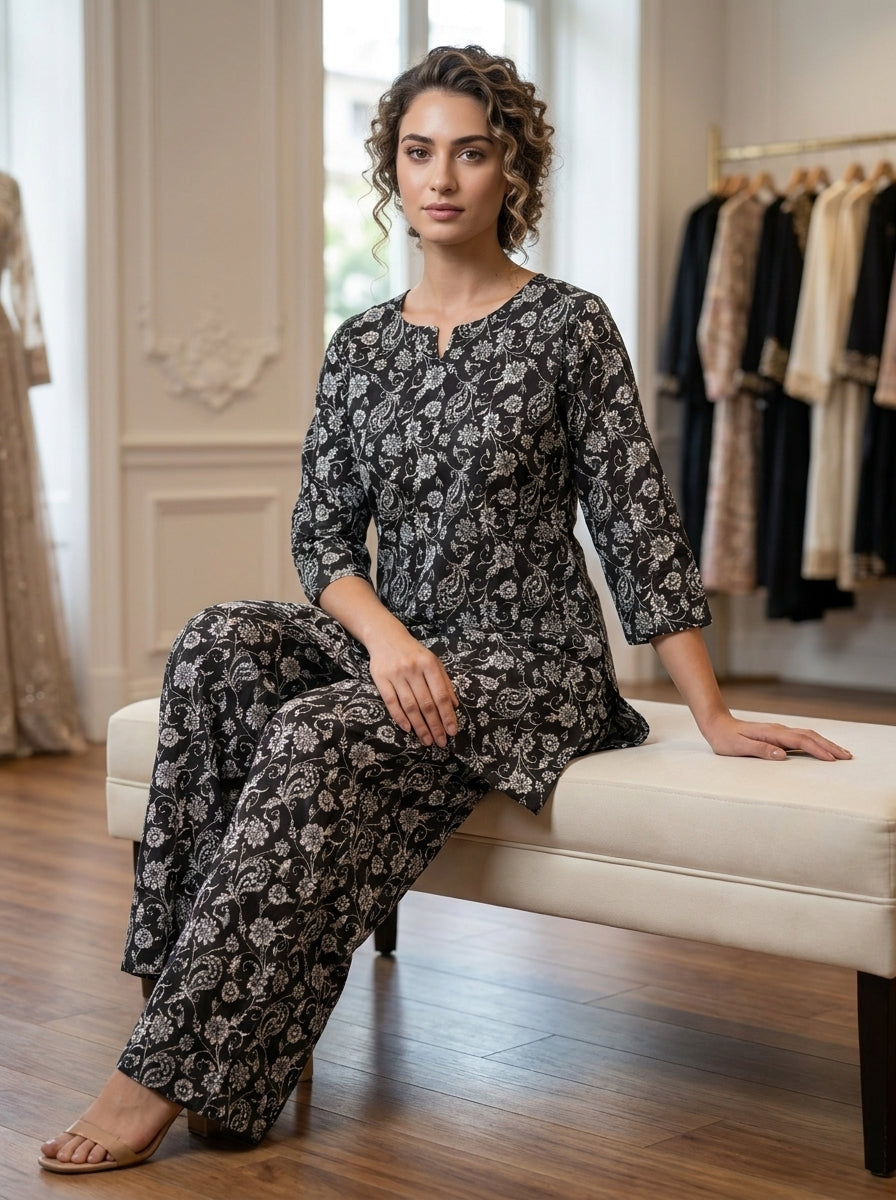 Black and white floral cotton co-ord set seated view