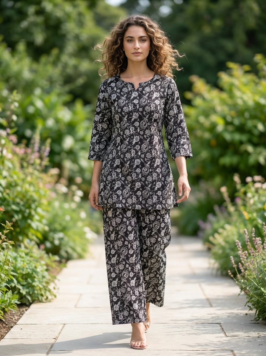 Black and white floral cotton co-ord set outdoor front view