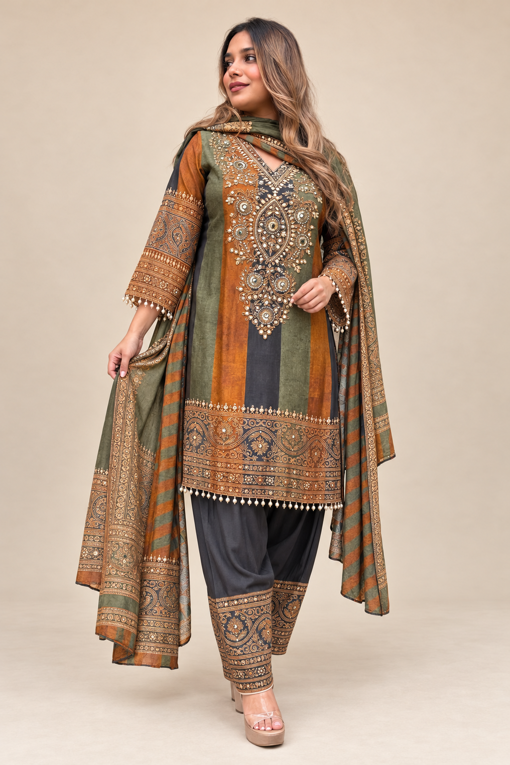 Olive Green & Rust Embellished Kurti Palazzo Set with Dupatta — alternate view