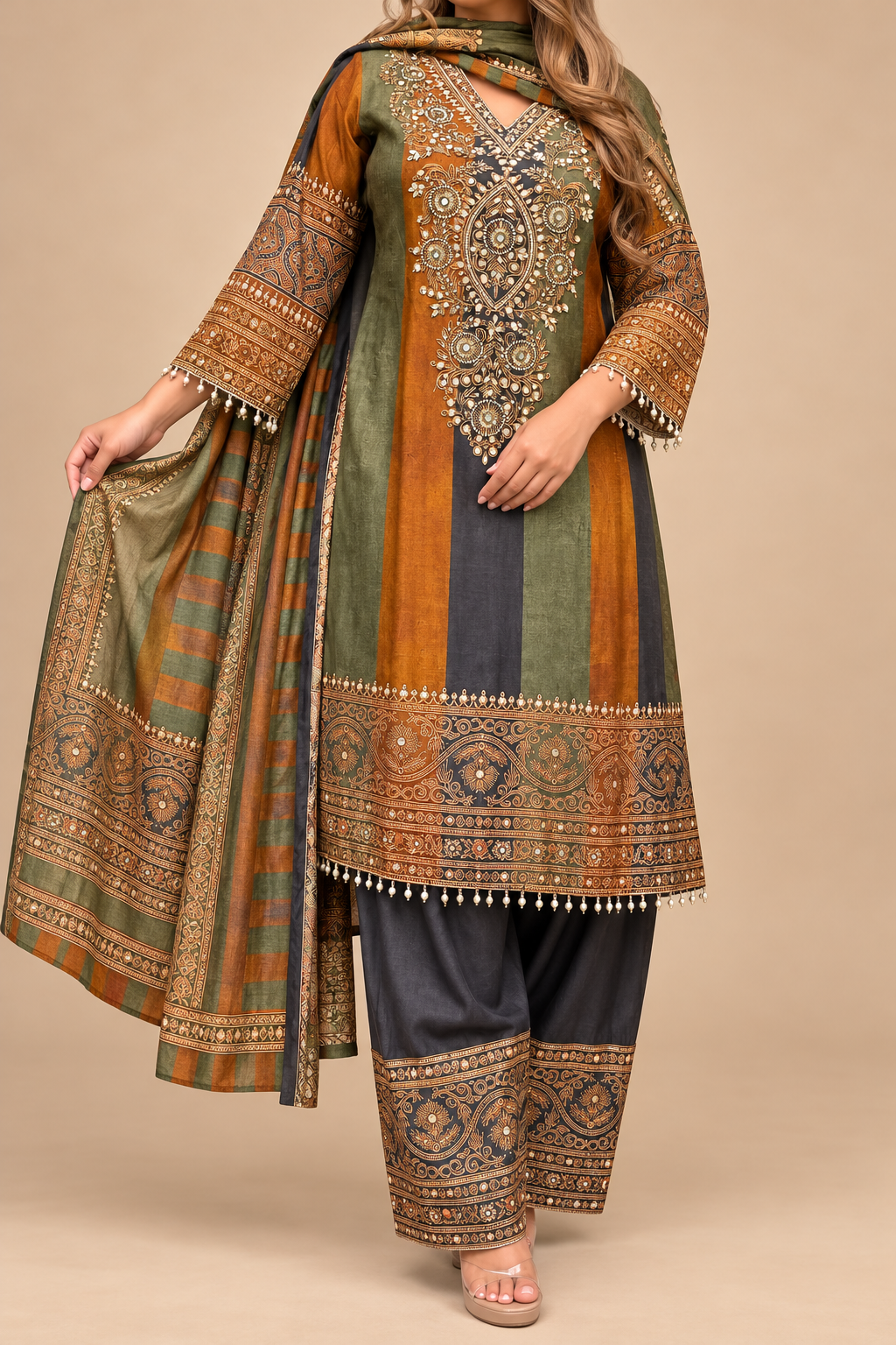 Olive Green & Rust Embellished Kurti Palazzo Set with Dupatta — detail view